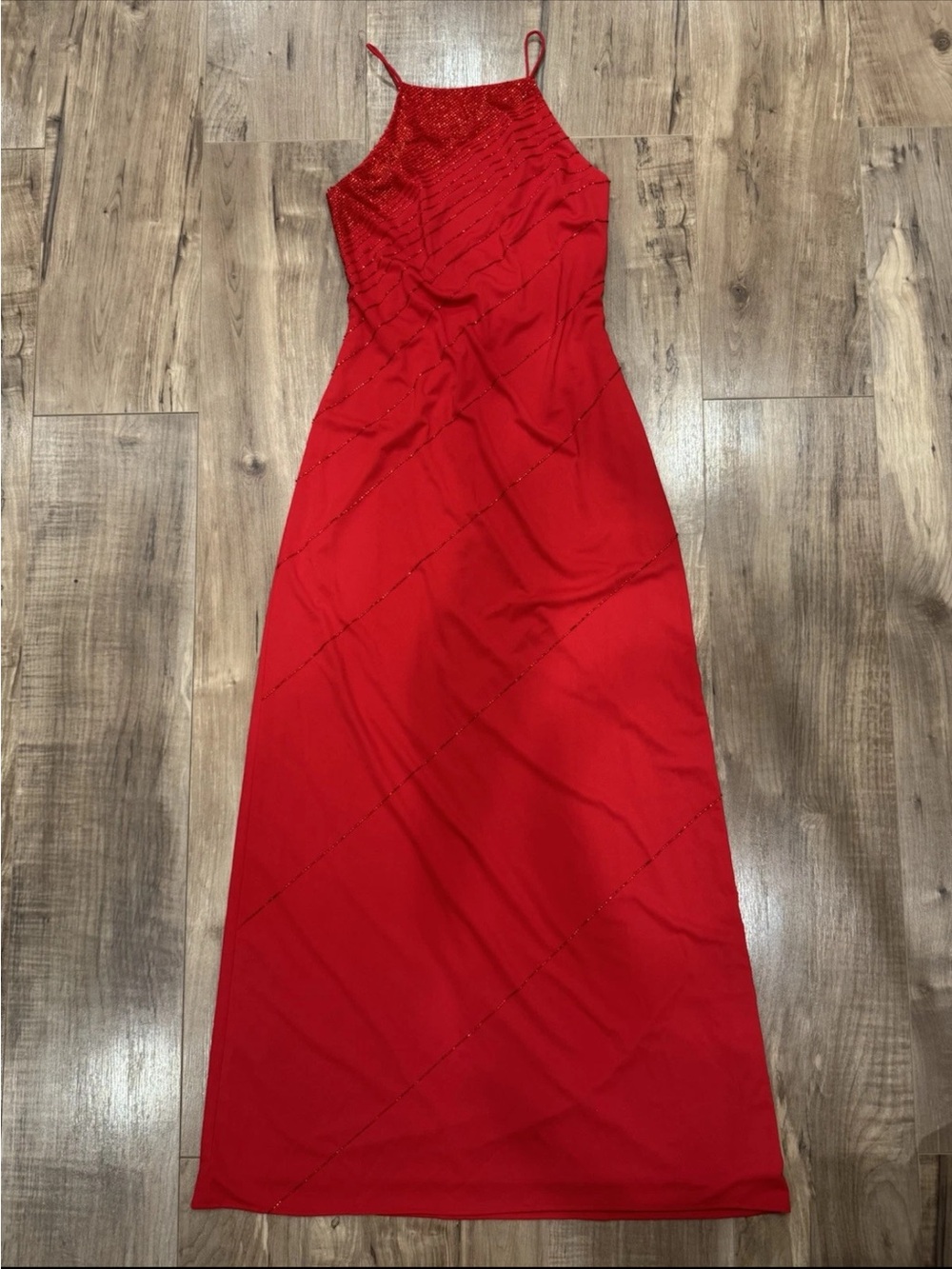 Red Beaded Halter Maxi Dress